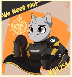 Size: 2733x2897 | Tagged: safe, artist:joaothejohn, imported from derpibooru, oc, oc only, pony, semi-anthro, armor, cape, clothes, commission, earth, fanart, flag, game, helldivers 2, helmet, looking up, male, multicolored hair, propaganda, salute, science fiction, simple background, skull, smiling, solo, ych example, your character here