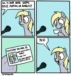 Size: 2500x2680 | Tagged: safe, artist:timsplosion, imported from derpibooru, derpy hooves, pegasus, pony, comic, dialogue, female, hoof hold, id card, mare, mathematician's answer, microphone, no pupils, offscreen character, open mouth, open smile, smiling, solo, speech bubble, yes