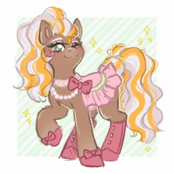 Size: 1272x1272 | Tagged: safe, artist:adostume, imported from derpibooru, horse, blushing, cherie (wild manes), female, hoof shoes, jewelry, looking at you, mare, necklace, one eye closed, passepartout, raised hoof, saddle, smiling, solo, sparkles, tack, tail, wild manes, wink, winking at you