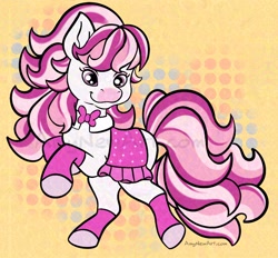 Size: 2048x1904 | Tagged: safe, artist:amynewblue, imported from derpibooru, horse, 2024, bowtie, candi (wild manes), female, mare, saddle, signature, smiling, solo, tack, tail, watermark, wild manes