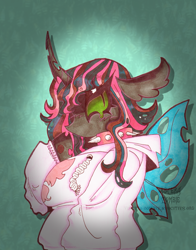 Size: 2520x3217 | Tagged: safe, artist:maniczombiedreamgirl, imported from derpibooru, oc, oc only, oc:larvae, anthro, changeling, 2024, arm hooves, artfight, black eyeshadow, blush lines, blushing, changeling horn, chubby, clothes, collar, crying, ear fluff, eyeshadow, floppy ears, gray coat, green eyes, hoodie, horn, insect wings, lightly watermarked, makeup, raised hoof, simple background, slit pupils, solo, spiked collar, tricolor mane, vignette, watermark, wings