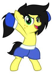 Size: 1220x1700 | Tagged: safe, artist:toyminator900, imported from derpibooru, oc, oc only, oc:uppercute, pony, bipedal, boxing gloves, clothes, freckles, open mouth, shorts, simple background, smiling, solo, transparent background