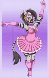 Size: 3030x4840 | Tagged: safe, artist:pananovich, imported from derpibooru, oc, oc only, oc:trinidad, anthro, zebra, abstract background, ballerina, ballet slippers, blushing, breasts, busty oc, cleavage, clothes, female, furrowed brow, gloves, gritted teeth, long gloves, looking at you, mare, socks, solo, teeth, zebra oc