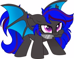 Size: 2048x1640 | Tagged: safe, artist:fizzlefer, imported from derpibooru, oc, oc only, oc:ebony rose, bat pony, bat pony oc, bat wings, colored wings, commission, commissioner:ebonyrose, ear tufts, eyelashes, gradient wings, knife, lidded eyes, mouth hold, narrowed eyes, pink eyes, signature, simple background, smiling, solo, spread wings, tail, two toned mane, two toned tail, two toned wings, white background, wings