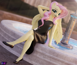 Size: 2560x2160 | Tagged: safe, artist:shadowboltsfm, imported from derpibooru, fluttershy, anthro, pegasus, plantigrade anthro, 3d, anklet, arm behind head, blender, blushing, breasts, busty fluttershy, clothes, crossed legs, dress, eyeshadow, female, flats, fountain, high res, jewelry, legs, lipstick, looking at you, makeup, nail polish, not sfm, sexy, shoes, smiling, solo, wings