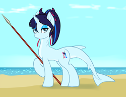 Size: 3250x2500 | Tagged: safe, artist:lemon, imported from derpibooru, oc, oc only, original species, shark, shark pony, beach, cute, female, fins, horn, looking at you, ocean, solo, spear, water, weapon