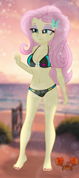 Size: 886x2000 | Tagged: safe, artist:emeraldblast63, imported from derpibooru, fluttershy, crab, human, equestria girls, barefoot, belly, belly button, bikini, breasts, busty fluttershy, cleavage, clothes, feet, female, lidded eyes, smiling, solo, solo female, swimsuit