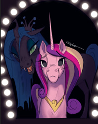 Size: 957x1208 | Tagged: safe, artist:calaphort, imported from derpibooru, princess cadance, queen chrysalis, alicorn, changeling, changeling queen, pony, cadalis, duo, duo female, evil grin, fangs, female, grin, horn, infidelity, lesbian, lidded eyes, looking at mirror, mare, mirror, open mouth, open smile, peytral, shipping, signature, smiling