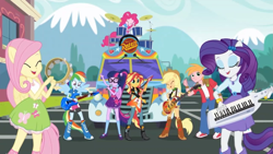 Size: 1275x717 | Tagged: safe, edit, edited screencap, imported from ponybooru, screencap, applejack, big macintosh, fluttershy, pinkie pie, rainbow dash, rarity, sci-twi, sunset shimmer, twilight sparkle, human, eqg summertime shorts, equestria girls, get the show on the road, cars (pixar), humane five, humane seven, humane six, logo, rust-eze, rusteze, sponsor, studebaker, the rainbooms tour bus