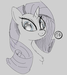 Size: 670x747 | Tagged: safe, artist:cakeponer, imported from derpibooru, rarity, pony, unicorn, big mane, bust, cute, female, gray background, horn, looking at you, mare, raribetes, signature, simple background, solo