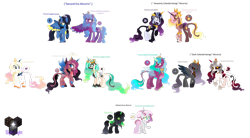 Size: 1920x1058 | Tagged: safe, artist:nightlightapocalypse, artist:selenaede, artist:strawberry-spritz, imported from derpibooru, princess cadance, princess celestia, princess flurry heart, princess luna, twilight sparkle, oc, oc:flatline plus, oc:prince eden dawn, oc:prince neptune rosewater, oc:princess copper green, oc:princess silver dusk, oc:queen skull fairy, alicorn, pony, alicorn oc, alternate design, alternate name, alternate parents, alternate universe, base used, black sclera, blaze (coat marking), bloodyverse, blue eyes, blue pupils, brown eyes, chest feathers, cloven hooves, coat markings, colored hooves, colored pupils, colored wings, coronet (coat marking), countershading, curved horn, dark belly, dark muzzle, dark sclera, ear fluff, ethereal mane, ethereal tail, eyeshadow, facial markings, flower, flower in hair, folded wings, freckles, glasses, goggles, goggles on head, gold eyeshadow, gradient horn, gradient mane, gradient wings, gray eyes, gray eyeshadow, green eyes, green sclera, hair bun, half-siblings, halo, headcanon, hoof fluff, hoof shoes, hooves, horn, implied death, jewelry, laurel wreath, leonine tail, long feather, long fetlocks, makeup, male alicorn, mismatched hooves, orange eyes, orange pupils, pale belly, peytral, pink eyes, pink pupils, ponytail, queen basalt, question mark, raised hoof, red eyes, red eyes take warning, round glasses, simple background, slit pupils, socks (coat markings), spread wings, steampunk, tail, teenager, tiara, transparent background, transparent wings, wings