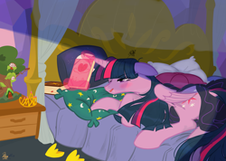 Size: 3115x2224 | Tagged: safe, artist:rayelli, derpibooru exclusive, imported from derpibooru, twilight sparkle, alicorn, pony, bed, bedroom, blushing, book, female, golden oaks library, lying down, magic, mare, messy mane, morning, solo, telekinesis, twilight sparkle (alicorn), twilight's castle