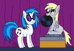 Size: 800x550 | Tagged: safe, artist:jay muniz, imported from derpibooru, derpy hooves, pegasus, unicorn, glasses, goggles, horn, record, turntable