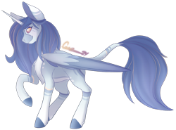 Size: 4636x3424 | Tagged: safe, artist:trashpanda czar, imported from derpibooru, oc, oc only, oc:amaria, alicorn, alicorn oc, chest fluff, coat markings, concave belly, ear fluff, female, horn, long hair, long mane, long tail, looking at you, mare, raised hoof, signature, simple background, smiling, tail, transparent background, wings