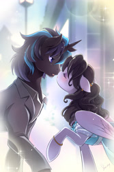 Size: 3600x5400 | Tagged: safe, artist:nekoshiei, imported from derpibooru, oc, oc only, oc:magic barrier, oc:tail, pegasus, pony, unicorn, fanfic:no longer displaced, clothes, couple, dress, female, horn, imminent kissing, male, mare, no source available, romance, stallion