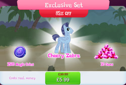 Size: 1267x858 | Tagged: safe, idw, imported from derpibooru, zebra, bundle, coat markings, costs real money, english, gameloft, gem, idw showified, magic coins, male, mobile game, my little pony: magic princess, numbers, official, sale, stallion, swirls, swirly markings, text, zahid