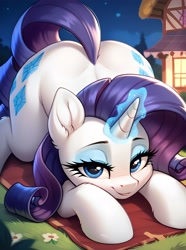 Size: 2969x4000 | Tagged: safe, imported from derpibooru, rarity, pony, unicorn, ai content, ai generated, both cutie marks, butt, face down ass up, generator:pony diffusion v6 xl, generator:stable diffusion, glowing, glowing horn, horn, looking at you, lying down, magic, prompter:thelight3d, prone, rearity, smiling, smiling at you, solo