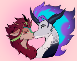 Size: 1992x1576 | Tagged: safe, artist:cmdrtempest, imported from derpibooru, oc, oc only, oc:aliset, oc:amethystflame, dragon, kirin, bust, cute, duo, female, kissing, looking at each other, looking at someone, male, shy, simple background