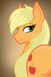 Size: 1000x1500 | Tagged: safe, artist:rugalack moonstar, imported from derpibooru, applejack, earth pony, pony, ai assisted, ai content, applebutt, butt, female, freckles, hatless, looking back, mare, missing accessory, plot, simple background, solo