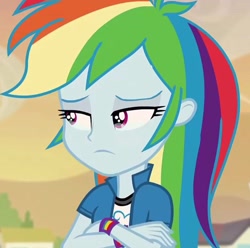 Size: 1152x1143 | Tagged: safe, edit, edited screencap, imported from derpibooru, screencap, rainbow dash, human, equestria girls, clothes, cropped, crossed arms, crying, female, frown, my little pony equestria girls: friendship games, sad, solo, solo female