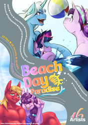 Size: 2481x3508 | Tagged: safe, artist:godlypoptart, artist:potato22, artist:testostepone, artist:tizhonolulu, imported from derpibooru, big macintosh, starlight glimmer, sugar belle, trixie, twilight sparkle, anthro, pony, art pack:beach day paradise, :p, advertisement, art pack, beach, beach ball, ocean, tongue out, water