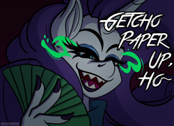 Size: 1650x1200 | Tagged: safe, artist:sketchybug, imported from derpibooru, rarity, anthro, condescending, female, fingernails, glowing, glowing eyes, looking at you, money, nail polish, solo, teasing, text, toothy grin, vulgar