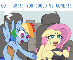 Size: 1998x1639 | Tagged: safe, artist:sunbusting, imported from derpibooru, fluttershy, rainbow dash, pegasus, clipboard, crying, driving, meme, text, yelling