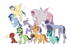 Size: 2883x1918 | Tagged: safe, artist:cocoqihao, imported from derpibooru, dragon, earth pony, pegasus, pony, unicorn, anger (inside out), anxiety (inside out), cellphone, clothes, disgust (inside out), embarrassment (inside out), ennui (inside out), envy (inside out), fear (inside out), female, filly, fire, fire breath, foal, hoodie, horn, inside out, inside out 2, joy (inside out), magic, male, mare, neckerchief, necktie, phone, ponified, sadness (inside out), simple background, stallion, suitcase, telekinesis, white background