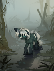 Size: 2500x3300 | Tagged: safe, artist:mithriss, imported from derpibooru, oc, oc only, oc:tenderness, pony, undead, unicorn, female, horn, mare, reflection, solo, swamp, water