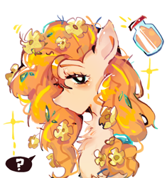 Size: 1242x1319 | Tagged: safe, artist:fokko, imported from derpibooru, pear butter, earth pony, pony, bust, female, mare, portrait, question mark, simple background, solo, sparkles, speech bubble, white background