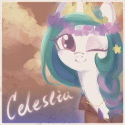 Size: 1450x1450 | Tagged: safe, artist:cao9591791, imported from derpibooru, princess celestia, alicorn, pony, bust, clothes, cloud, cute, cutelestia, female, floral head wreath, flower, looking at you, mare, one eye closed, passepartout, portrait, shirt, smiling, smiling at you, solo, text, wink