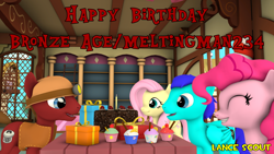 Size: 1920x1080 | Tagged: safe, artist:lancescout, imported from derpibooru, fluttershy, pinkie pie, oc, oc:blue gamer, oc:bronze age, earth pony, pegasus, pony, 3d, birthday, birthday cake, birthday gift, cake, cherry, chocolate, cupcake, female, food, helmet, lemon, male, present, source filmmaker, sugarcube corner, watermark