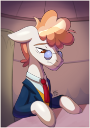 Size: 968x1368 | Tagged: safe, artist:php191, imported from derpibooru, svengallop, earth pony, pony, abstract background, clothes, glasses, looking down, male, necktie, stallion, suit, table