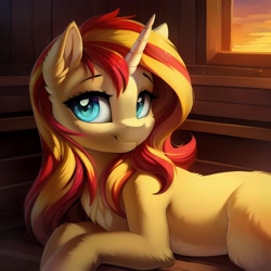 Size: 3072x3072 | Tagged: safe, imported from derpibooru, sunset shimmer, pony, unicorn, ai content, ai generated, chest fluff, ear fluff, female, generator:stable diffusion, horn, looking at you, lying down, mare, prompter:seashell, smiling, smiling at you, solo, two toned mane