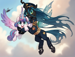 Size: 1512x1160 | Tagged: safe, imported from derpibooru, princess flurry heart, queen chrysalis, alicorn, changeling, changeling queen, pony, ai content, ai generated, anonymous prompter, clothes, crazy eyes, duo, duo female, female, flying, generator:pony diffusion v6 xl, generator:stable diffusion, hug, looking at you, magic, military uniform, smiling, uniform, waving