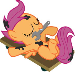 Size: 3118x3000 | Tagged: safe, artist:cloudy glow, imported from derpibooru, scootaloo, pegasus, eyes closed, female, filly, foal, grease, mechanic, simple background, tool, transparent background, vector, wrench