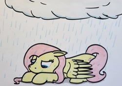 Size: 2047x1448 | Tagged: safe, artist:hoofclid, imported from derpibooru, fluttershy, pegasus, pony, floppy ears, lying down, marker drawing, prone, rain, sad, solo, traditional art