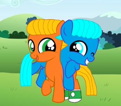 Size: 2292x2008 | Tagged: safe, artist:memeartboi, imported from derpibooru, earth pony, pegasus, pony, best bros, best brother, best friends, bff, brothers, buddies, carrying, clothes, colt, cute, darwin watterson, duo, duo male, family, foal, grass, grin, gumball watterson, happy, looking at each other, looking at someone, male, one eye closed, ponified, siblings, sky, smiling, smiling at each other, socks, standing, the amazing world of gumball, wink