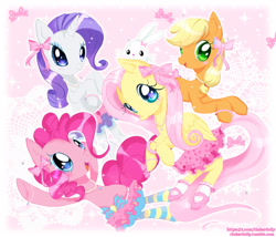 Size: 2047x1752 | Tagged: safe, imported from derpibooru, angel bunny, applejack, fluttershy, pinkie pie, rarity, earth pony, pegasus, unicorn, clothes, female, horn, mare, socks, striped socks