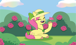 Size: 2102x1247 | Tagged: safe, artist:prixy05, imported from derpibooru, earth pony, pony, eyes closed, female, flower, g5, hat, lying down, mare, my little pony: tell your tale, posey bloom, rose, solo, sun hat