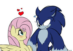 Size: 5014x3526 | Tagged: safe, artist:alexsc112, imported from derpibooru, fluttershy, pegasus, pony, werewolf, blushing, duo, heart, open mouth, question mark, simple background, sonic the hedgehog, sonic the hedgehog (series), sonic the werehog, sonic unleashed, sparkles, werehog, white background