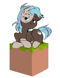 Size: 983x1280 | Tagged: safe, artist:mattchaz, derpibooru exclusive, imported from derpibooru, oc, oc only, oc:infinite noodles, earth pony, pony, bedroom eyes, looking at you, lying down, minecraft block, simple background, solo, white background