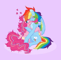 Size: 1623x1598 | Tagged: safe, artist:sparjechkaa, imported from derpibooru, pinkie pie, rainbow dash, earth pony, pegasus, pony, colored wings, curly mane, duo, duo female, eyes closed, female, headcanon, hug, lesbian, looking back, multicolored wings, old art, one eye closed, pinkiedash, rainbow power, rainbow power-ified, rainbow wings, shipping, wings