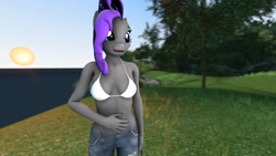 Size: 1280x720 | Tagged: safe, artist:arfcade, oc, oc only, oc:marshy, anthro, plantigrade anthro, 3d, bra, breasts, clothes, female, outdoors, underwear