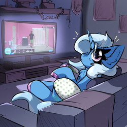 Size: 2000x2000 | Tagged: safe, artist:jubyskylines, imported from derpibooru, pistachio, trixie, pony, unicorn, blushing, boxers, chest fluff, clock, clothes, colored hooves, couch, ear fluff, eating, female, food, hooves, horn, ice cream, jerma985, looking at you, looking back, looking back at you, mare, mouth hold, solo, spoon, television, underwear, unshorn fetlocks