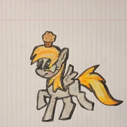 Size: 1408x1408 | Tagged: safe, artist:koidial, imported from derpibooru, part of a set, derpy hooves, pegasus, pony, craft, eyelashes, female, food, irl, lined paper, long description, mare, mixed media, muffin, papercraft, photo, raised hoof, raised leg, smiling, solo, spread wings, standing on two hooves, tail, traditional art, wings, yellow eyes, yellow mane, yellow tail