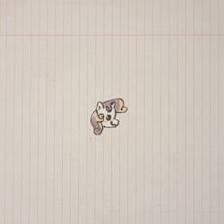 Size: 1374x1374 | Tagged: safe, artist:koidial, imported from derpibooru, part of a set, sweetie belle, pony, unicorn, craft, dot eyes, female, head only, horn, irl, lined paper, long description, mixed media, papercraft, photo, profile, smiling, solo, tiny, tiny ponies, traditional art, two toned mane, unicorn horn, wavy mouth, white coat