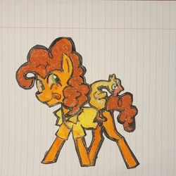 Size: 1428x1428 | Tagged: safe, artist:koidial, imported from derpibooru, part of a set, boneless, cheese sandwich, earth pony, pony, brown mane, brown tail, clothes, collared shirt, craft, curly mane, curly tail, green eyes, irl, lined paper, long description, long mane, long mane male, long tail, looking back, male, missing cutie mark, mixed media, orange coat, papercraft, photo, rubber chicken, shirt, smiling, solo, stallion, standing, tail, tongue out, traditional art