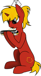 Size: 571x1050 | Tagged: safe, artist:subway777, imported from derpibooru, oc, oc only, oc:tatra streetcar, pony, unicorn, bangs, gray eyes, hoof hold, horn, looking at something, model train, open mouth, open smile, ponified, ponytail, red coat, simple background, sitting, slender, smiling, solo, tail, thin, tied mane, train, tram, transparent background, unicorn horn, unicorn oc, yellow mane, yellow tail