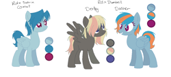 Size: 1093x495 | Tagged: safe, artist:selenaede, artist:trollertnt, imported from derpibooru, oc, oc:comet, oc:dasher, oc:derby, pegasus, pony, base used, blue coat, blue mane, blue tail, color palette, colored eyebrows, colored eyelashes, colored pupils, female, folded wings, frown, gray coat, hair over eyes, half-siblings, magenta eyelashes, magenta eyes, magenta pupils, male, mare, narrowed eyes, next generation, oc redesign, offspring, open mouth, open smile, parent:dumbbell, parent:rainbow dash, parent:soarin', parents:dumbdash, parents:soarindash, pegasus oc, pink eyes, pixel-crisp art, purple eyelashes, purple eyes, purple pupils, siblings, simple background, sisters, smiling, spread wings, stallion, standing, tail, text, trio, two toned mane, two toned tail, white background, wings